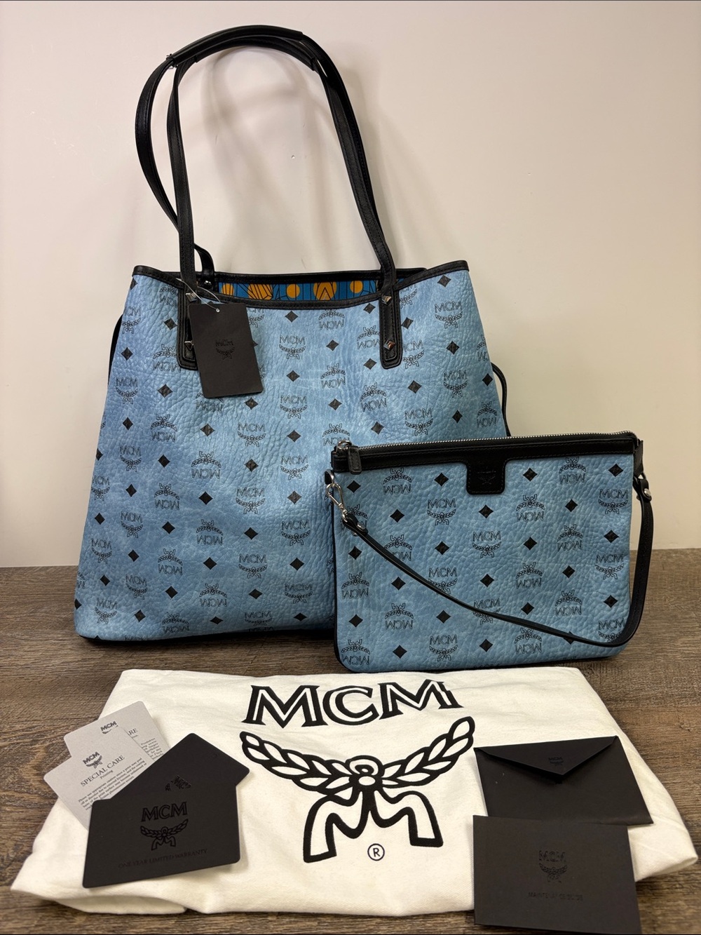 MCM Reversible Liz Shopper Tote Blue Visetos + Pouch NWT
